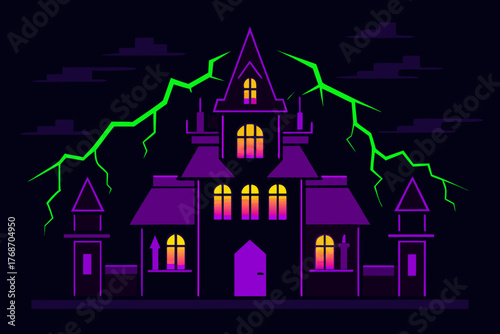 Neon haunted mansion with lightning reflections on transparent background