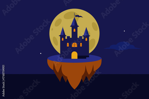 Pumpkin castle floating on dark ocean under full moon on transparent background