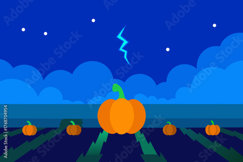 Pumpkin field glowing under blue mist lightning on transparent background