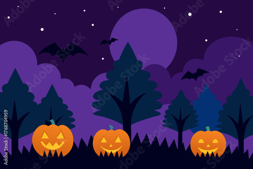 Pumpkin forest under galaxy sky with bats on transparent background