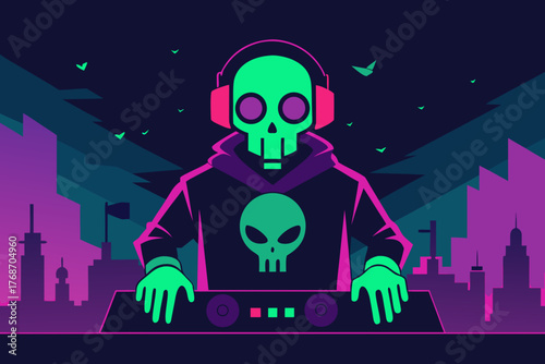 Neon skeleton DJ party in haunted city on transparent background