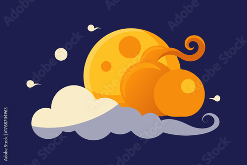 Pumpkin clouds swirling around glowing moon on transparent background