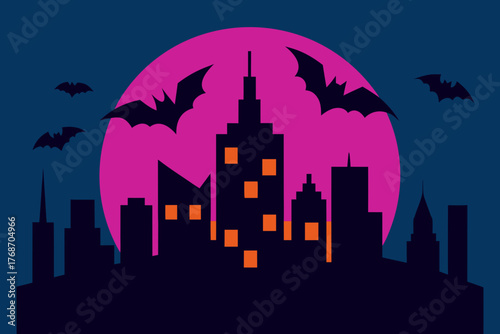 Pumpkin city skyline surrounded by neon bats on transparent background