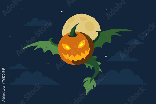 Pumpkin dragon flying through foggy night on transparent background