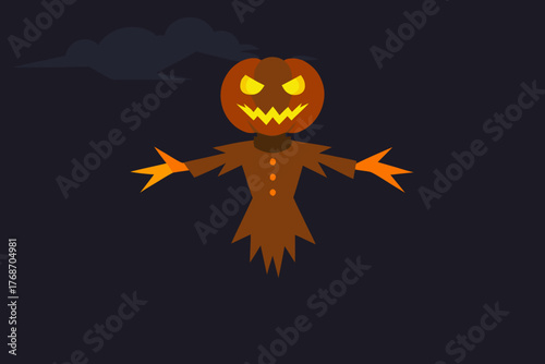 Pumpkin headed scarecrow glowing in dark storm on transparent background