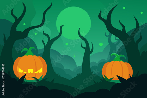 Pumpkin forest with green fog and glowing roots on transparent background