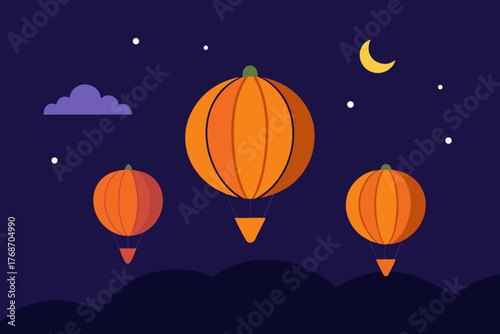 Pumpkin hot air balloons flying across neon night on transparent background