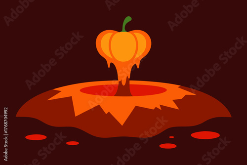 Pumpkin island rising from glowing lava lake on transparent background