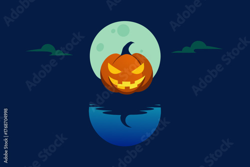 Pumpkin moon reflecting over haunted water on transparent background