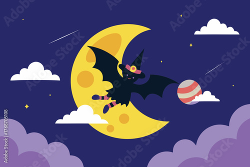 witch flying over candy clouds with bats and moon on transparent background
