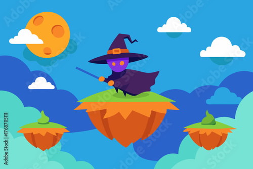 witch flying over floating pumpkin islands on transparent background