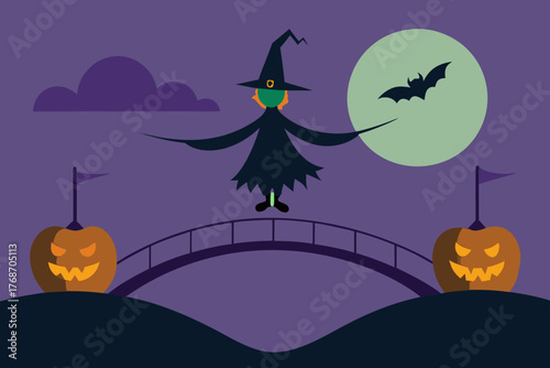 witch flying over foggy pumpkin bridge on transparent background