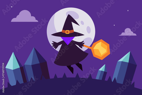 witch flying over crystal pumpkin valley on transparent background