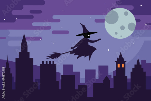 witch flying over ghostly city skyline on transparent background