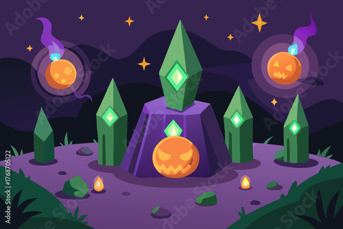 Witch garden filled with glowing crystal pumpkin on transparent background