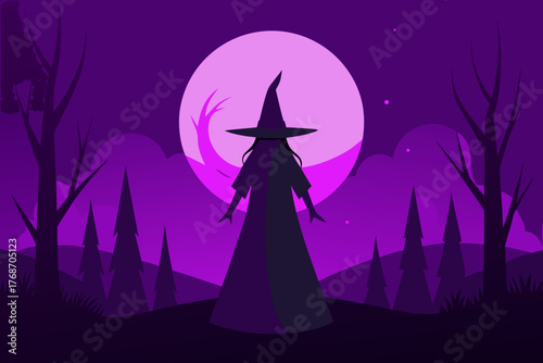 witch forest glowing under purple moonlight on transparent background