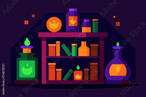 Witch library glowing with orange potion bottles on transparent background