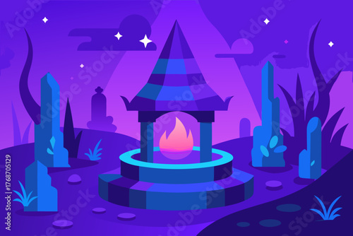Witch garden glowing in blue and purple haze on transparent background