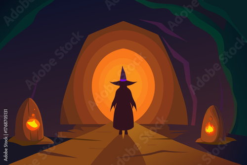 Witch portal inside glowing pumpkin cave on transparent background