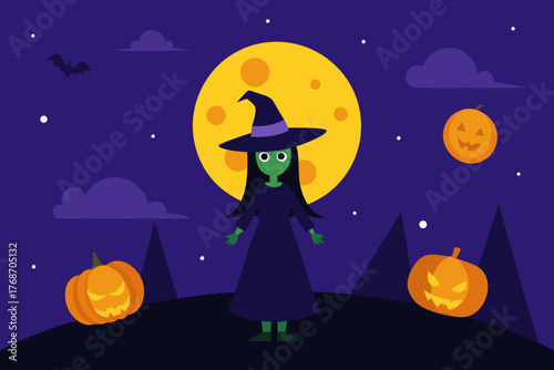 Witch moon glowing with floating pumpkins on transparent background