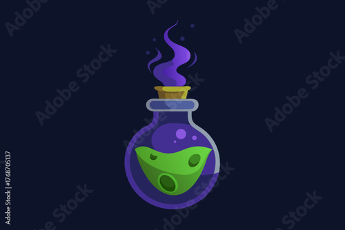 Witch potion bottle glowing in dark mist on transparent background
