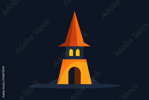 Witch tower made of orange glass glowing at night on transparent background