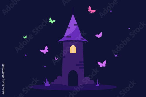 Witch tower surrounded by glowing butterflies on transparent background
