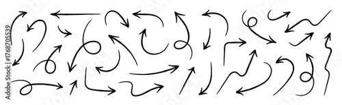 Foto Hand drawn arrow doodles - Sketchy black arrows set, Marker pen pointer icons, Curvy directional symbols
