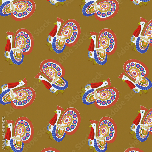 A bright multi-colored pattern with a stylized funny turkey