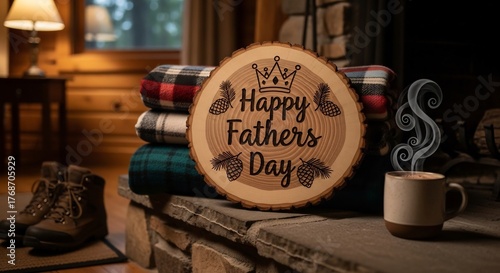 Warm Father's Day scene in a cozy log cabin setting. Features a wooden sign, plaid blankets, boots, and steaming coffee, perfect for holiday promotions and heartwarming designs.
