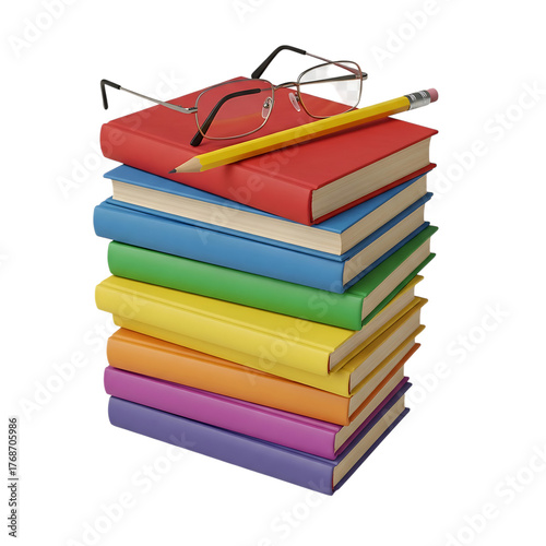 Rainbow Book Stack with Glasses and Pencil 3D Render Learning and Education