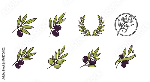 Collection of stylized olive branches and wreaths, featuring both ripe black and unripe green olives, presented on a stark black background, ideal for branding, culinary themes, and