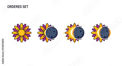 Vibrant stylized set of four celestial icons depicting phases of a solar eclipse, with a sun-like flower motif and a dark moon, set against a black background, representing astronomical events and