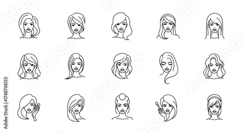 Collection of 15 stylized line art portraits of diverse women's faces, showcasing various hairstyles and expressions, rendered in a clean white outline on a black background, perfect for beauty