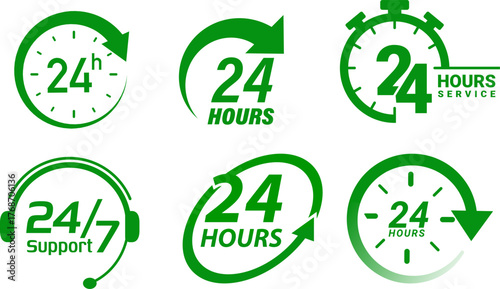 24/7 service icon collection with continuous support symbols, clock motifs, and circular arrows for business availability and customer service branding