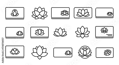Collection of stylized lotus flower icons and business card templates, presented in a clean, minimalist white outline on a black background, symbolizing purity, enlightenment, and tranquility for