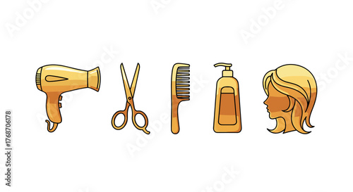 Golden icons representing hair salon essentials: a hairdryer, scissors, comb, shampoo bottle, and a woman's silhouette with styled hair, set against a black background, symbolizing beauty and