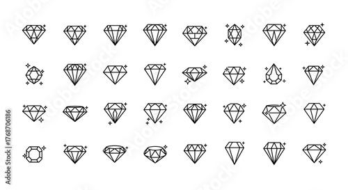 Collection of 30 unique diamond icons with a distressed, grunge texture, presented on a black background, showcasing various facets and styles of precious gemstones, perfect for graphic design and