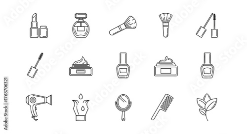 Collection of cosmetic icons in outline style, featuring lipstick, perfume bottle, makeup brushes, mascara, cream jars, nail polish, hairdryer, and a flower, representing beauty and personal care