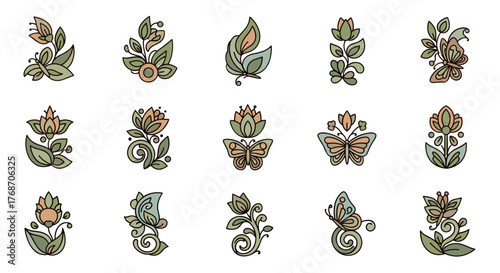 Collection of fifteen stylized floral and butterfly icons in a muted pastel color palette, featuring delicate line art and a whimsical, organic aesthetic, perfect for nature-themed designs and