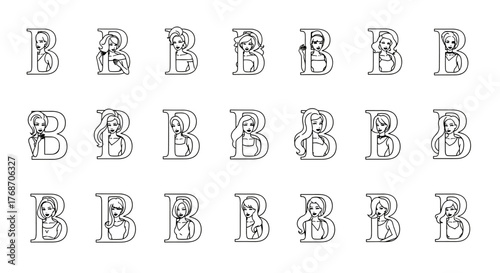 Set of 20 stylized letter B illustrations, each featuring a unique female silhouette integrated within the letterform, creating a cohesive and visually appealing collection for branding, design, or