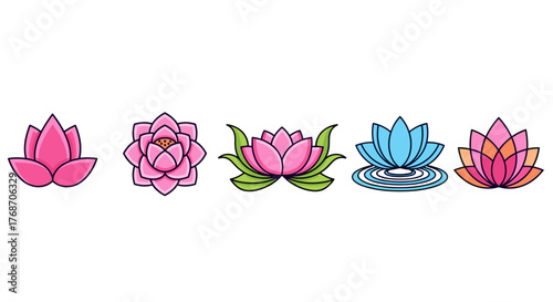 A vibrant collection of five stylized lotus flowers in various colors and stages of bloom, set against a stark black background, symbolizing purity, enlightenment, and rebirth in Eastern cultures and