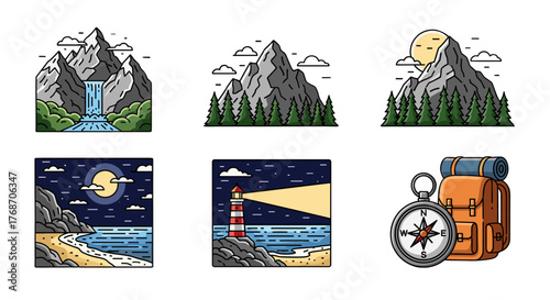Collection of six flat design vector illustrations depicting various outdoor adventure and travel scenes, including mountains with waterfalls, forests, a moonlit beach, a lighthouse, and camping gear