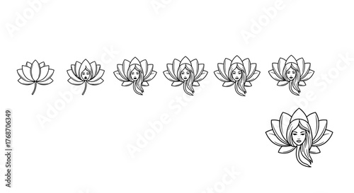 Abstract illustration of a blooming lotus flower with a serene female face emerging from its petals, symbolizing spiritual growth, enlightenment, and inner peace. This artistic representation