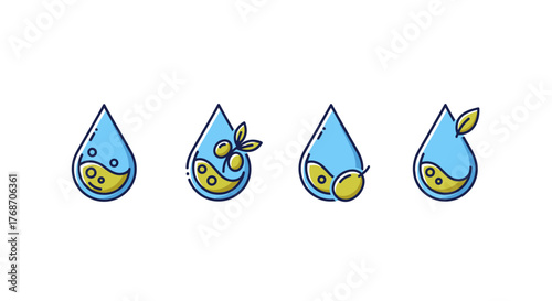 Set of four stylized water drops, each containing a yellow liquid and small circles, with the second drop featuring olives on a branch and the fourth drop adorned with a green leaf, representing