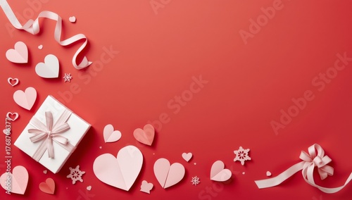 Romantic Gift Presentation on Red Background With Hearts and Ribbons for Spec...
