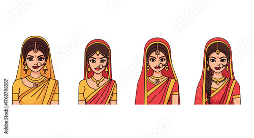 Four Indian women in traditional attire, showcasing diverse hairstyles and vibrant yellow and red sarees, adorned with intricate jewelry including necklaces, earrings, and nose rings, representing