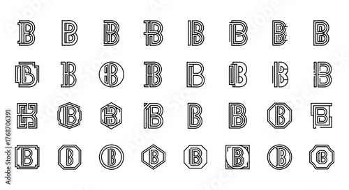 Collection of stylized letter B designs, featuring a variety of unique and artistic interpretations of the alphabet's second letter, presented in a monochrome, textured, and graphic style on a black