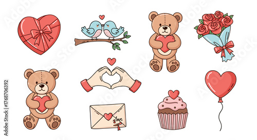 A charming collection of Valentine's Day themed illustrations featuring adorable teddy bears holding hearts, lovebirds on a branch, a heart-shaped gift box, a bouquet of roses, a cupcake, a heart