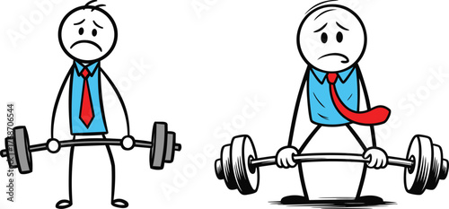 Exhausted stick figure businessman struggling to lift heavy barbell vector illustration